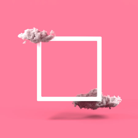 White square frame with pink clouds floating against pastel pink background. Surreal abstract 3D...