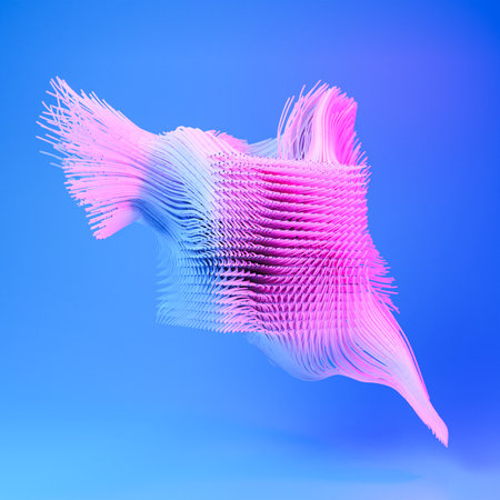 3D abstract dynamic shape floating against gradient blue background. Cyber, motion neon 3D renderの写真素材