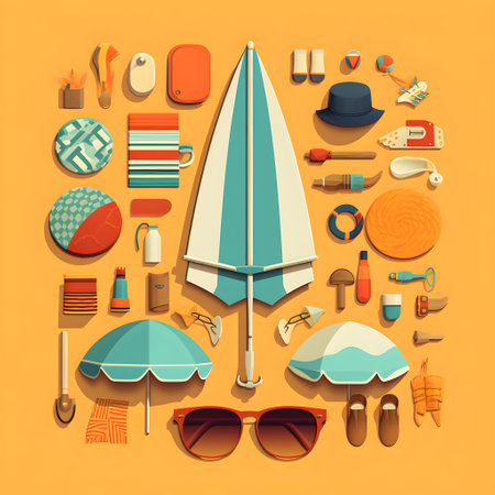 Summer style beach items illustration. Retro vacation background. AI generated imageの素材