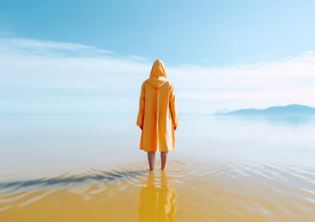 Lonely woman in yellow raincoat standing in the water gazing to the horizon. Hope, boldness and tranquility concept. AI generated backgroundの素材