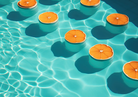 Slices of orange floating in turquoise swimming pool water. Summertime abstract background. Ai generatedの素材