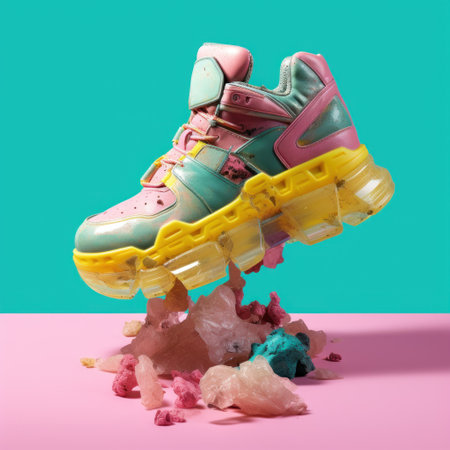 Vibrant fluorescent colors shoe made of waste elements. Recycling concept, trash fashion, vibrant postmodernism. AI generatedの素材