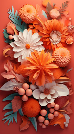 Beautiful 3D autumn colors flowers arranged on an orange background. Nature, autumn, fall, romantic flat lay. AI generated imageの素材