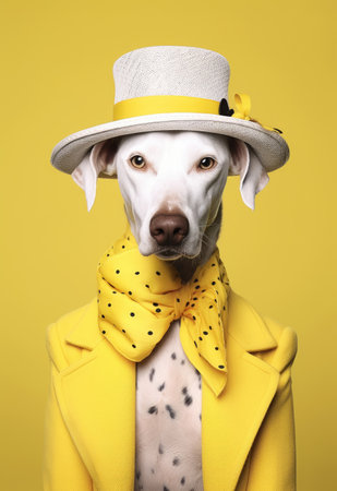 Dalmatian dog wearing yellow color theme fashion items. Funny anthropomorphic AI generated illustrationの素材