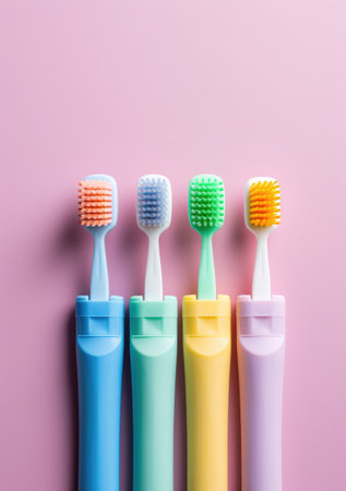 Colorful set of cat toothbrushes against the pastel pink surface. Minimalistic ai generated backgroundの素材