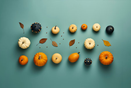 Colorful gourds and dry leaves flat lay on a pastel teal background. Bright autumnal colors backdrop. AI generated imageの素材