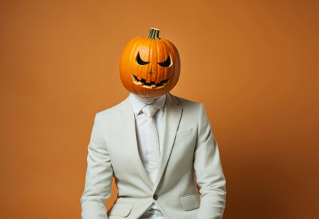 Spooky businessman wearing a carved pumpkin mask. Halloween costume party background. AI generated imageの素材