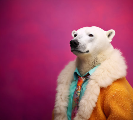 Anthropomorphic polar bear wearing a polar bear fur coat. Hypocrisy, paradoxal wildlife exploitation. Ai generated imageの素材