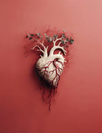 Heart shaped roots forming blood vessels and leaves. Regenerative agriculture, food safety concept. AI generated imageの素材