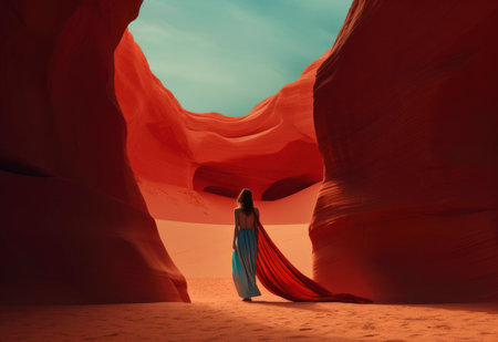 Fashionable female model in a long dress in the red rocky desert. Surreal fashion background. AI generated imageの素材