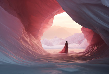Female model in long pink dress in the ice cave. Fashion contrast background. AI generated imageの素材