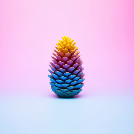 Rainbow colored pine cone on a pastel background. Climate seasonal contrast concept. AI generated imageの素材