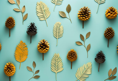 Golden autumn leaves and pine cones pattern decoration. Pastel teal seasonal background. AI generated imageの素材