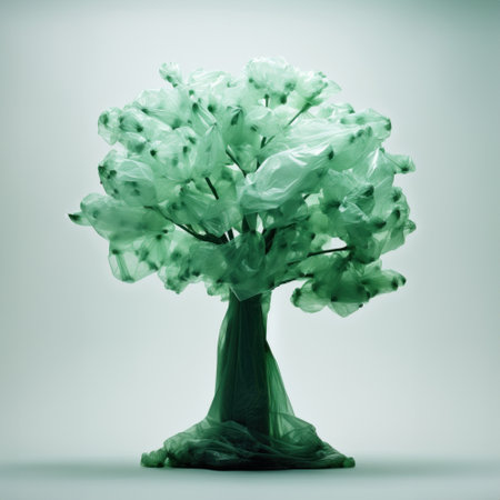 Plastic bags attached to the tree branches. Artificial nature, waste of life concept. AI generated imageの素材