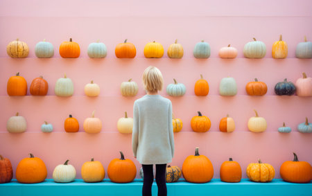 Girl standing in front of the display shelves with various pumpkins. Halloween colorful background. Ai generated imageの素材