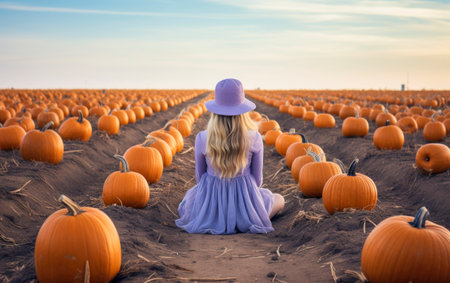 Thanksgiving, Halloween background. Girl in the middle of endless pumpkin field. Ai generated imageの素材
