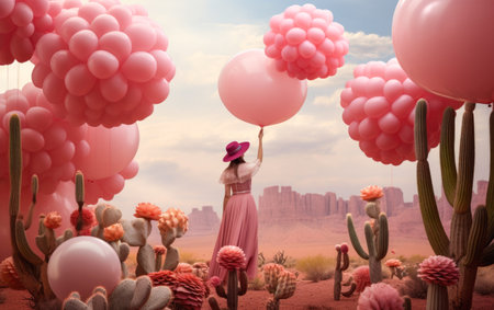 Woman holding bunch of balloons surrounded by various cacti. Surreal sensitivity conceptual background. AI generated imageの素材