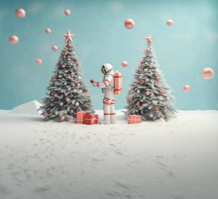 Snowy landscape with Christmas trees decorated by an astronaut. Colorful Xmas background. Ai generated image.の素材