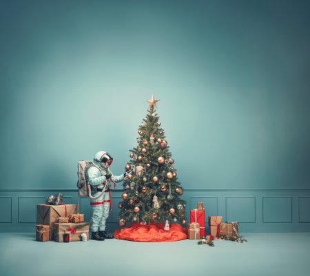 Retro futuristic astronaut decorating a Christmas tree. Scifi xmas background. Ai generated imageの素材