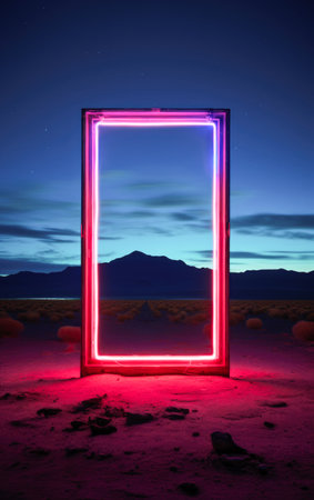 Neon rectangle frame displayed in the desert. Futuristic copy space background. Ai generated imageの素材