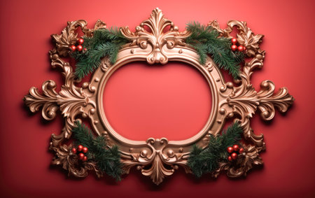 Golden empty frame decorated with Christmas elements. Xmas copy space background. Ai generated imageの素材