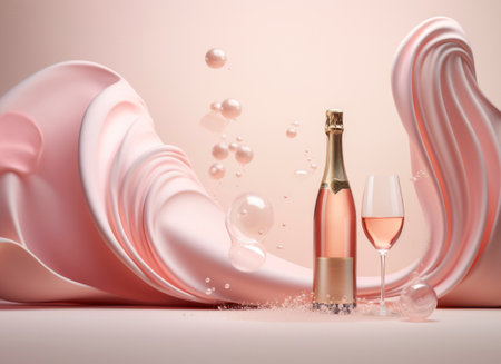 Celebration, anniversary elegant background. Rose champagne bottle and glass with abstract shapes. Ai generated imageの素材