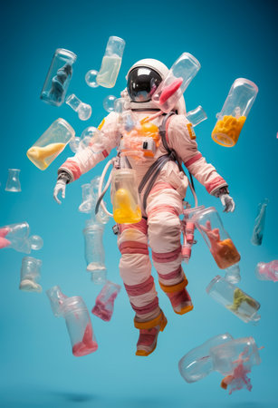 Astronaut surrounded by plastic jars against the pastel blue background. Recycling, artificial materials concept. Ai generated imageの素材