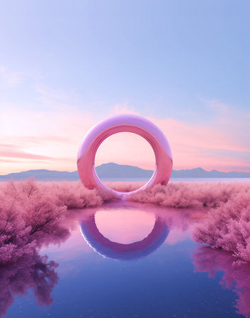 Circular pink frame reflecting in the lake surface. Surreal contrasting background. Ai generated imageの素材