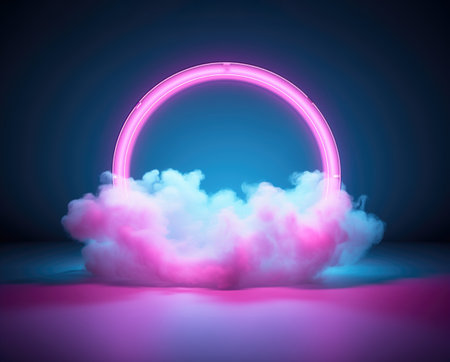 Neon circular frame with pink clouds. Fantasy copy space background. Ai generated imageの素材