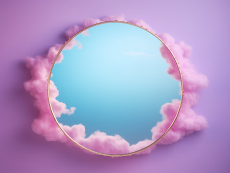 Curcular frame surrounded by purple cotton candy clouds. Minimalistic copy space background. Ai generated imageの素材