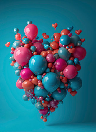 Heart shape formed with colorful balloons. Love, romantic background. Ai generated imageの素材