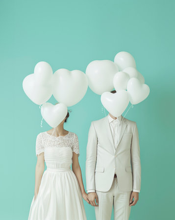 Married couple with heart shaped balloons in front of their faces. Valentine's Day background. Ai generated imageの素材