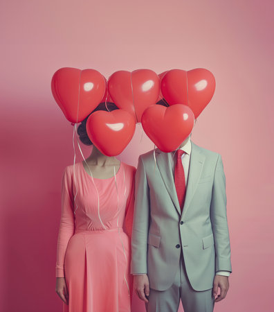 Married couple with heart shaped balloons in front of their faces. Romance, love background. Ai generated imageの素材
