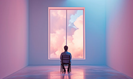 Man watching clouds through the room window. Prison, dreaming background. Ai generated imageの素材