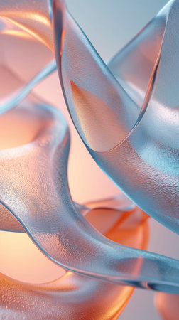 Glass morphism abstract shapes with peachy and blue hues. Flowing textured wallpaper background.の素材