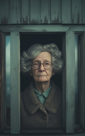 Old woman looking through a wooden vintage window. Old age conceptual background.の素材