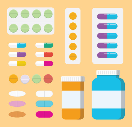 a set of collection pills medicine or medical healthcare with bottle and tablet vector illustrationのイラスト素材