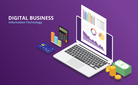 online digital business with isometric style and laptop and glow color and free space text vector illustrationのイラスト素材