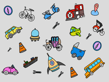 transportation doodle with color full object vector illustrationのイラスト素材
