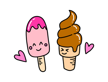 love couple for valentine day with ice cream cartoon character illustration with pink and chocolate color - vector illustrationのイラスト素材