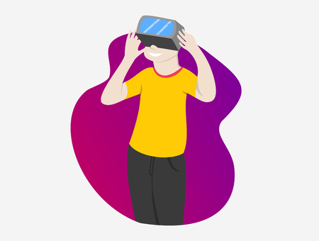 virtual reality technology men using gadget and happy smile faces - vector illustrationのイラスト素材