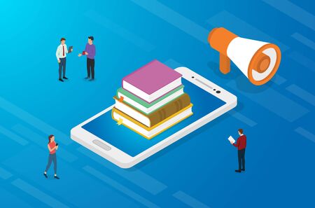 online education concept with books and smartphone apps with team people and isometric flat style - vector illustrationのイラスト素材