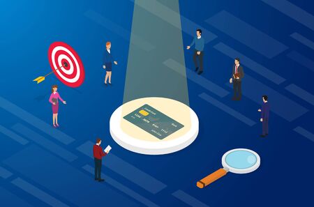 best credit card analysis with finance team analyze between pros and cons with isometric modern flat style - vector illustrationのイラスト素材