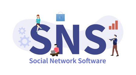 sns social network software concept with big word or text with team people and modern flat style - vector illustrationの販売画像