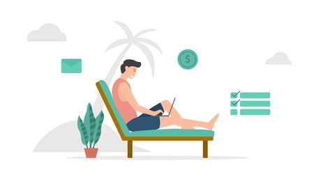digital nomad freelancer work on beach with modern flat style and minimalist green color theme vectorのイラスト素材