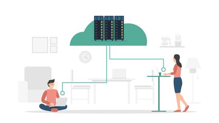 Men and women utilize cloud hosting server cluster to maintain website performance modern flat cartoon style vector design illustrationのイラスト素材