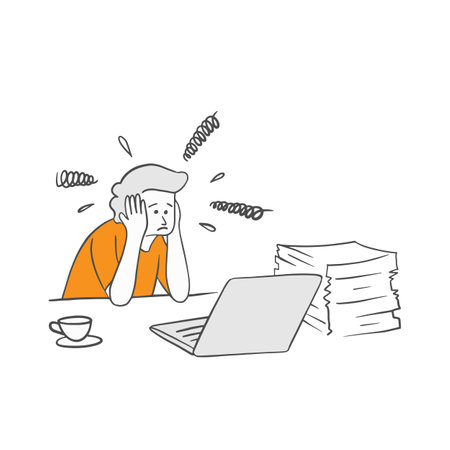 worker businessman stress at work illustration with hand drawn sketch doodle style vector illustrationのイラスト素材