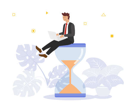 work time concept with business man working on laptop on top of hour glass time with modern flat...