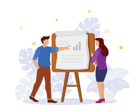 business presentation concept with people man and woman analysis report with modern flat style vector illustrationのイラスト素材