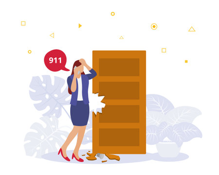 emergeny call 911 concept with woman panic calling with house broken door robbery criminal with modern flat style vector illustrationのイラスト素材